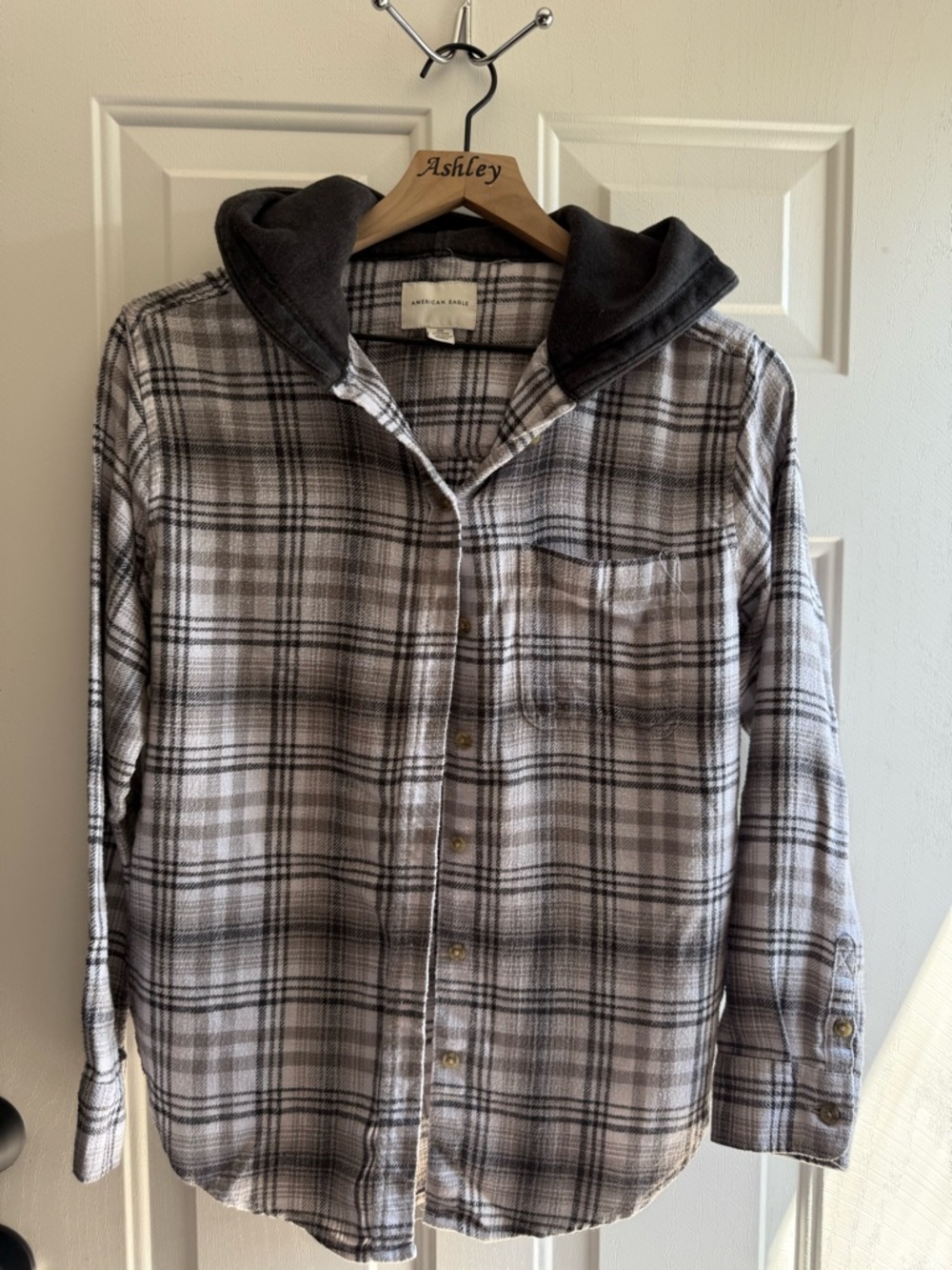 American Eagle Hooded Plaid Button-Up Shirt Jacket - Grey/Black Plaid